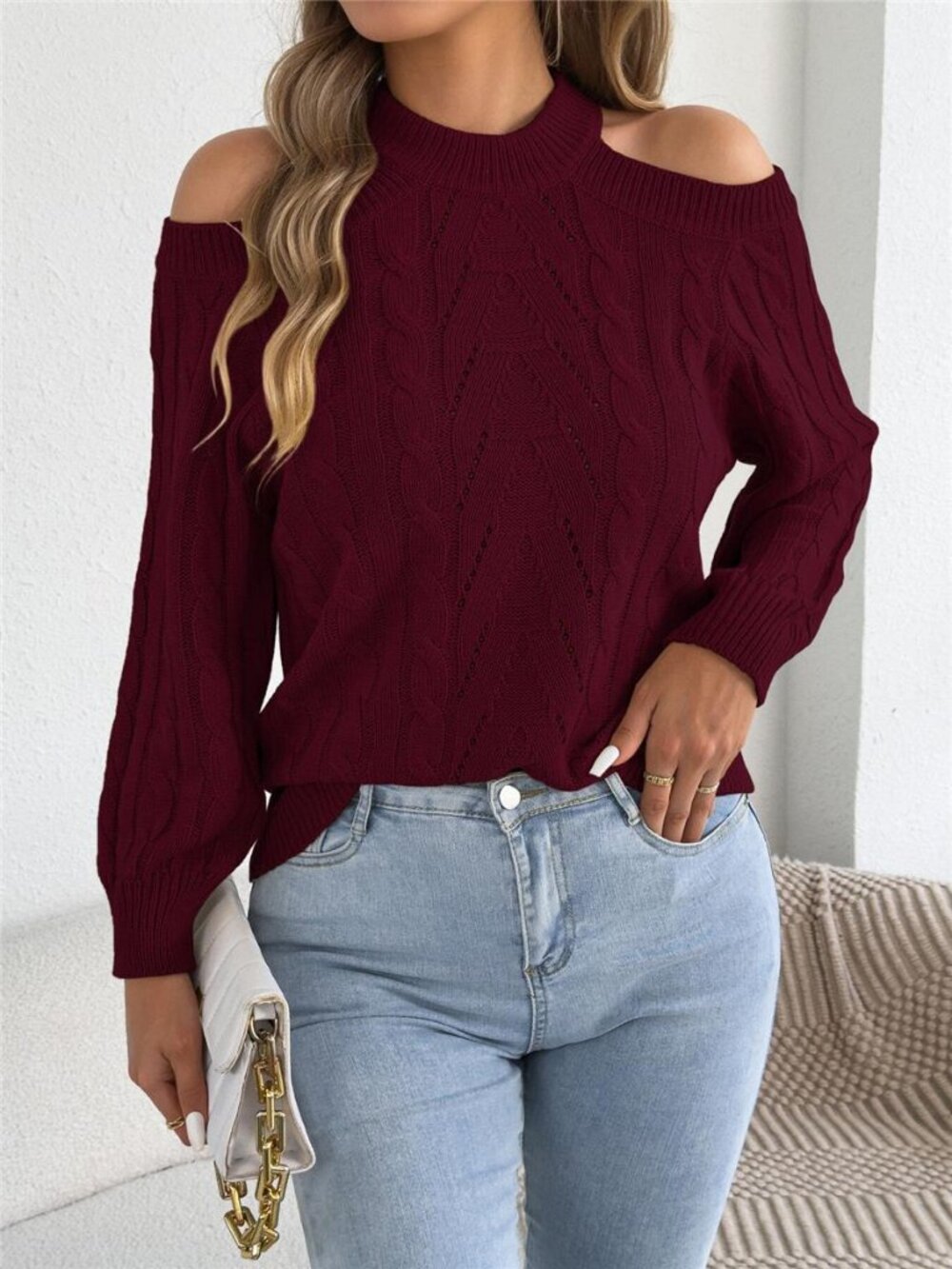 Cold Shoulder Cable Knit Sweater